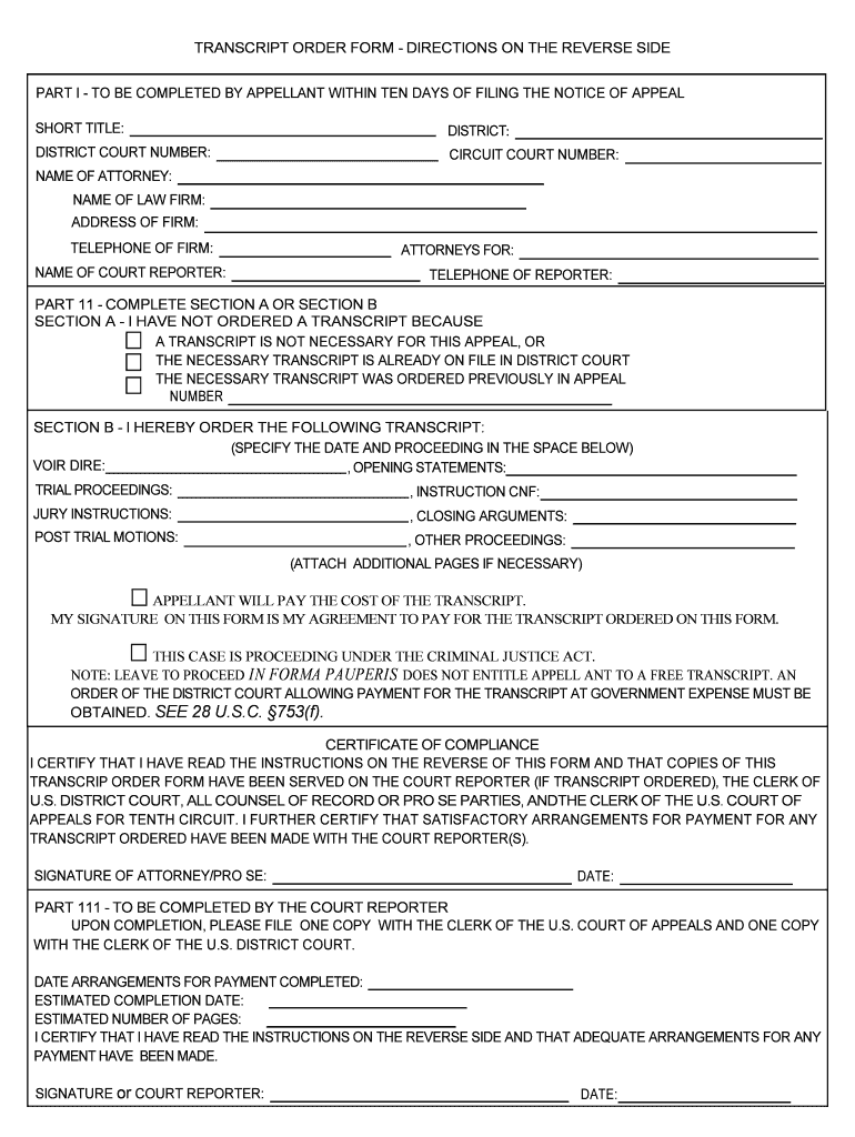 Transcript Order Form District Court of Colorado