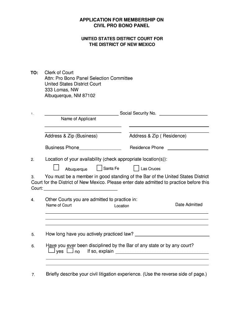 Civil Pro Bono Panel District of Colorado United States Courts  Form