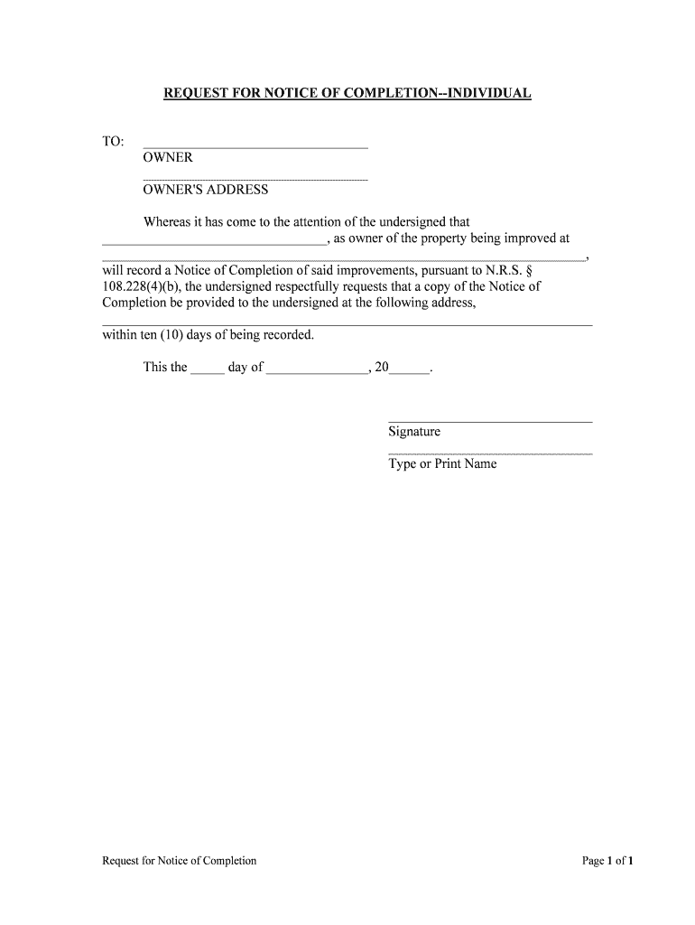REQUEST for NOTICE of COMPLETION INDIVIDUAL  Form
