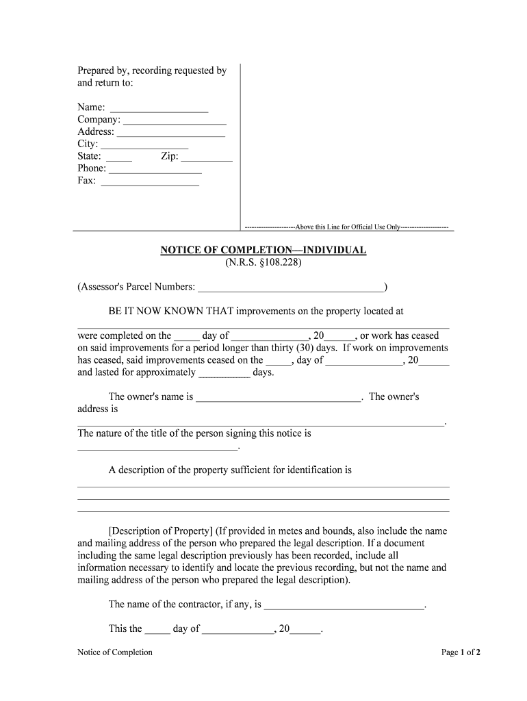 NOTICE of COMPLETIONINDIVIDUAL  Form
