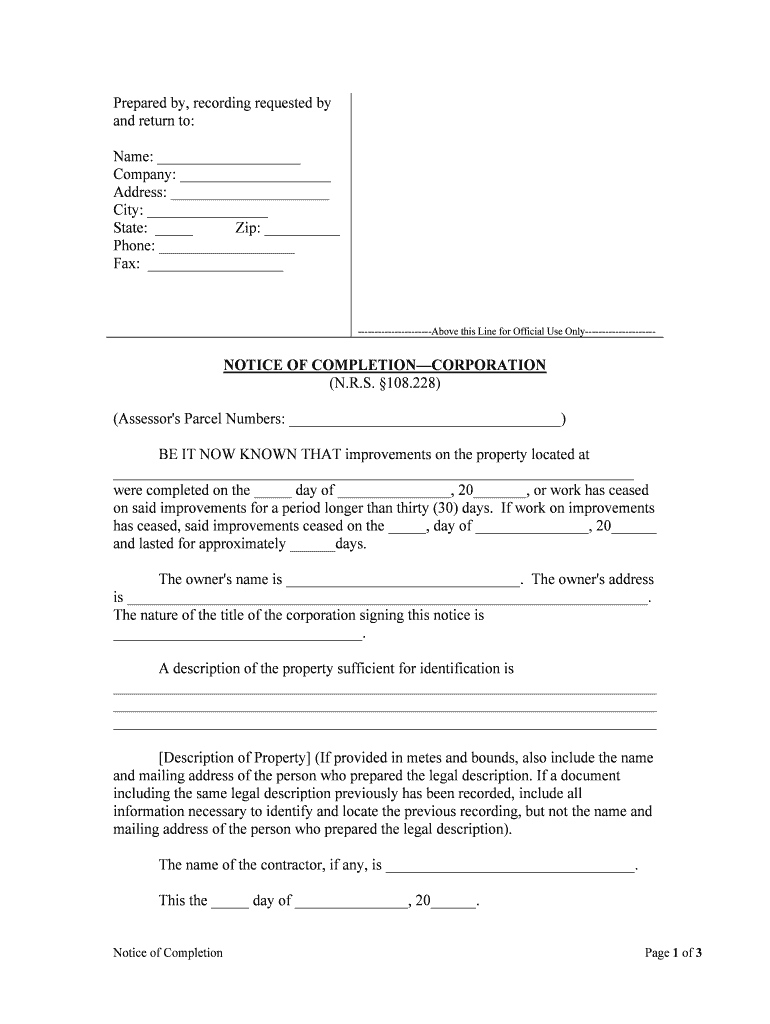 NOTICE of COMPLETIONCORPORATION  Form