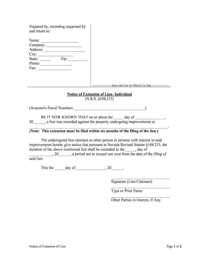Notice of Extension of Lien Individual  Form