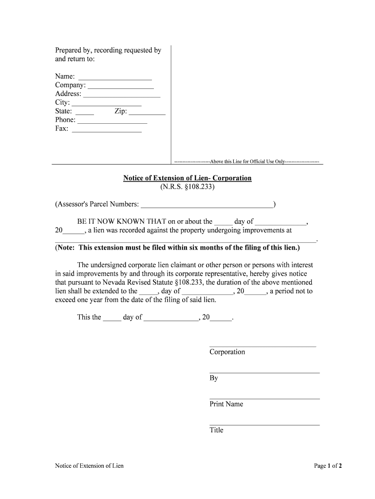 Notice of Extension of Lien Corporation  Form