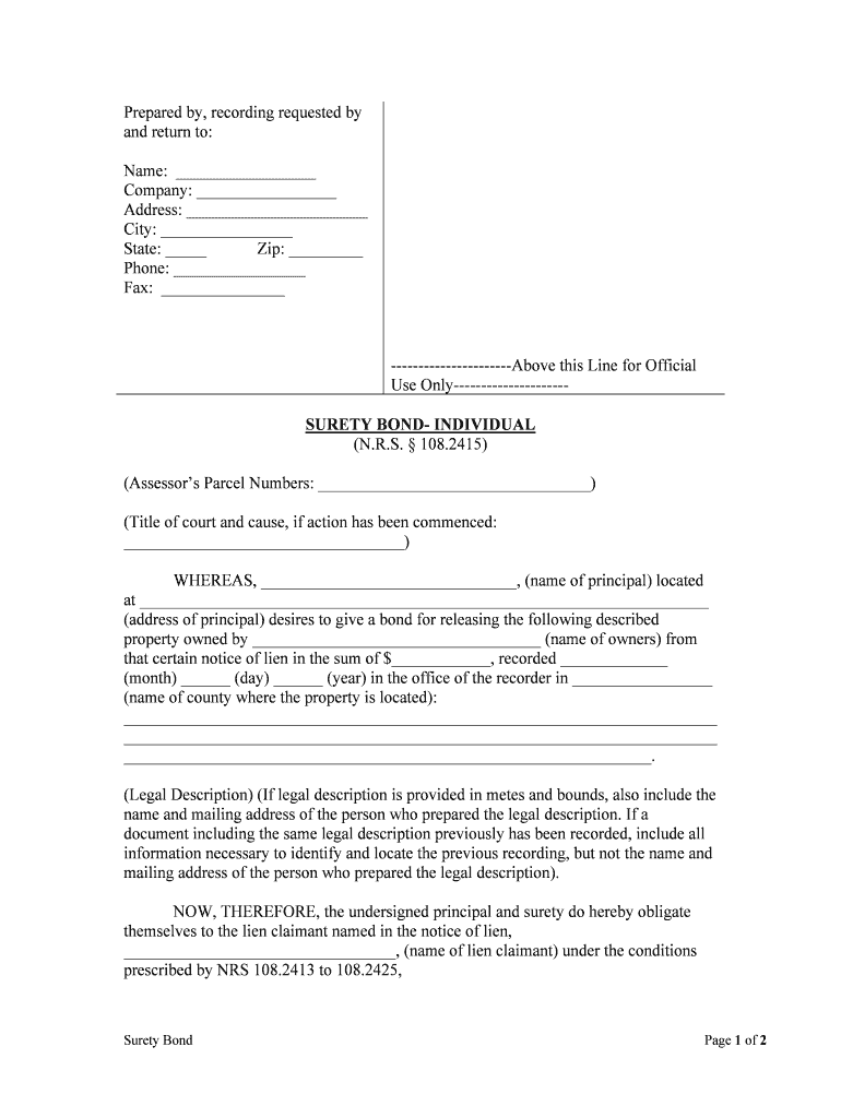 Use Only SURETY BOND INDIVIDUAL  Form