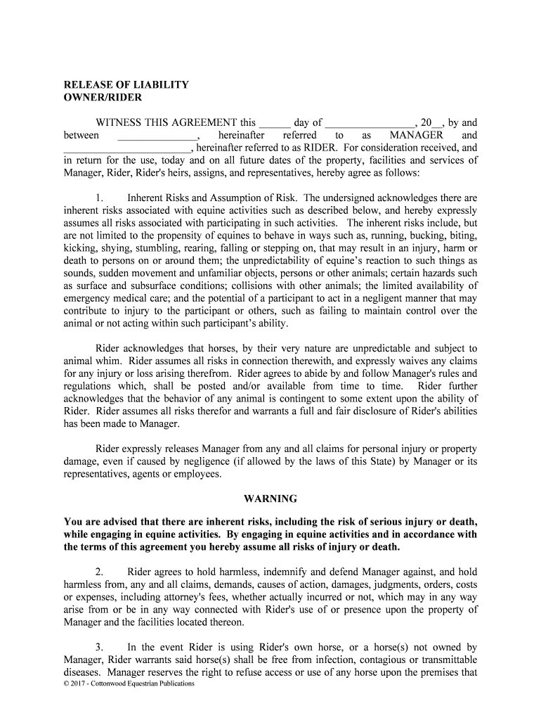 Fill and Sign the Rider Agrees to Hold Harmless Indemnify and Defend Manager Against and Hold Form