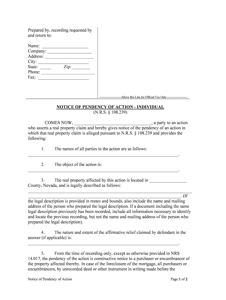 NOTICE of PENDENCY of ACTION INDIVIDUAL  Form