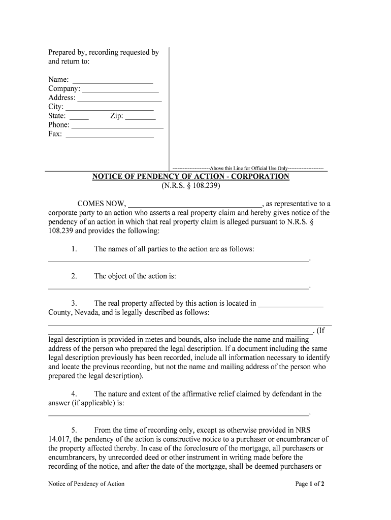NOTICE of PENDENCY of ACTION CORPORATION  Form