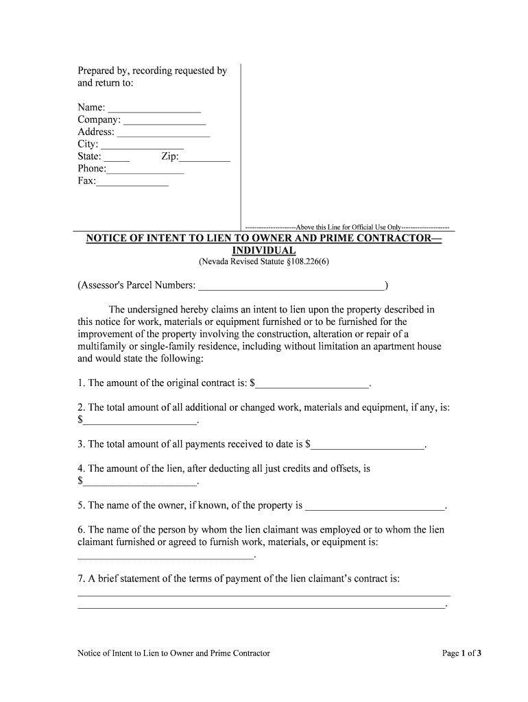 NOTICE of INTENT to LIEN to OWNER and PRIME CONTRACTOR  Form