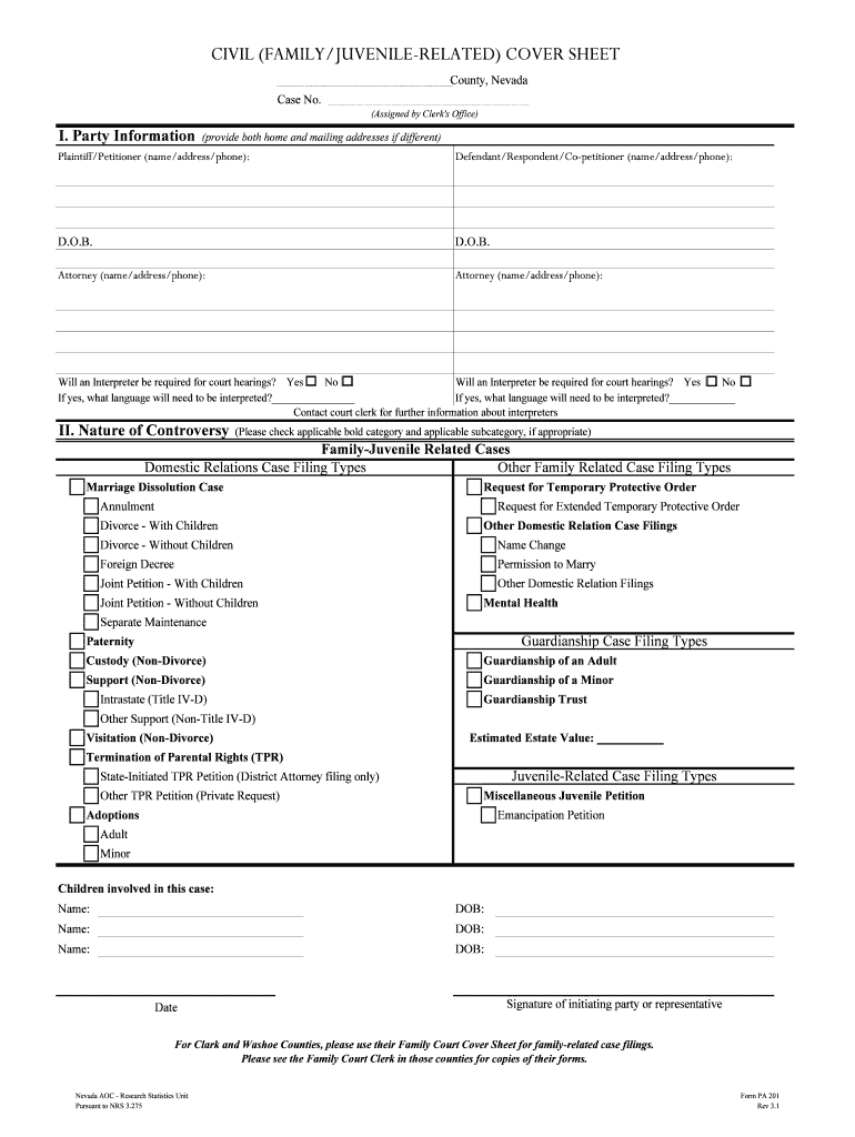 Civil Familyjuvenile Related Cover Sheet Elko County  Form