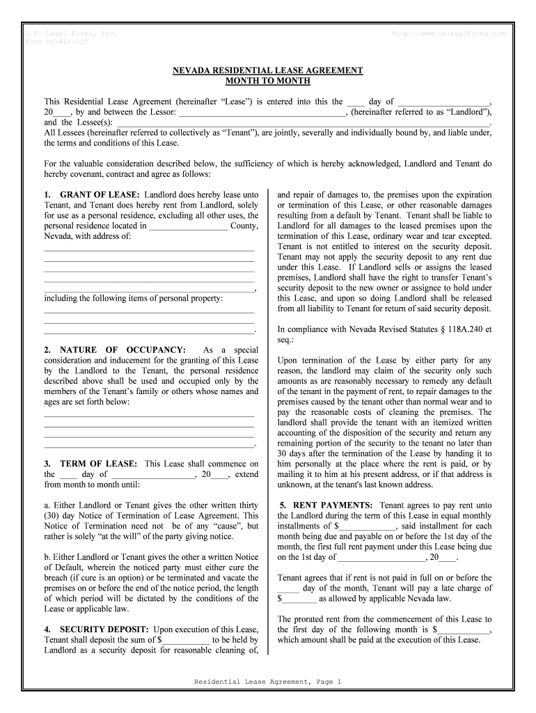 Nevada Residential Lease Agreement Annual or Month to  Form