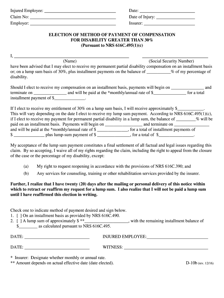 ELECTION of METHOD of PAYMENT of COMPENSATION for  Form