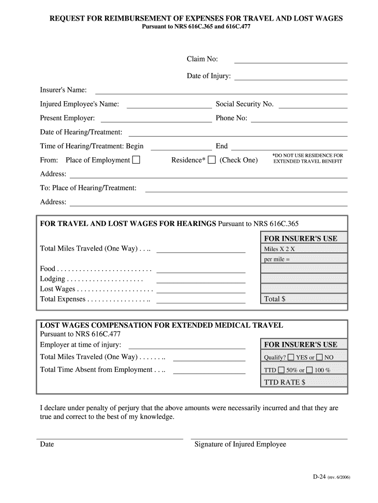 Request for Reimbursement of Expenses for Travel and Lost  Form