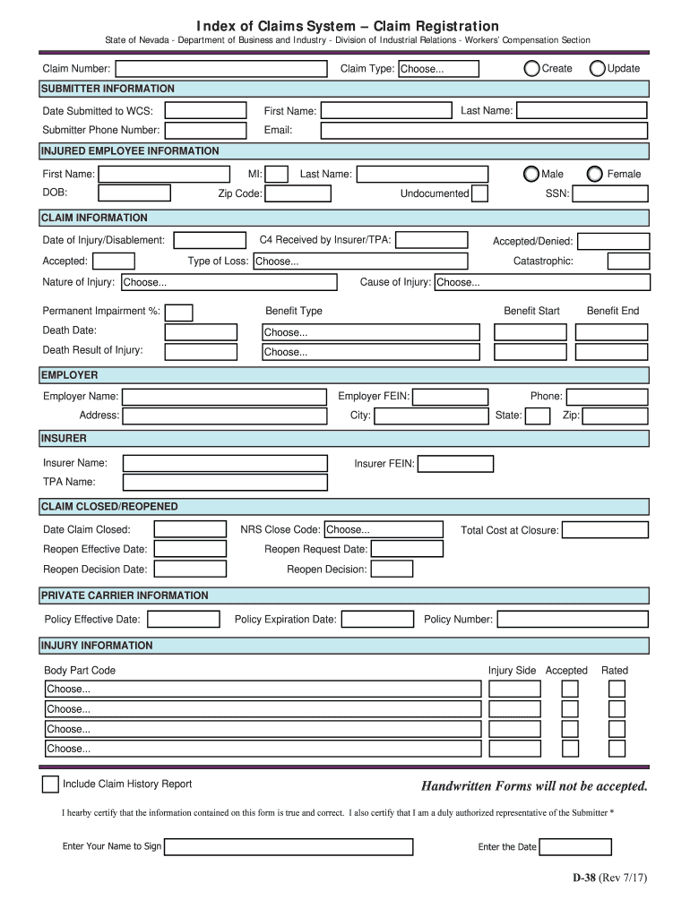 Index of Claims System Claim Registration Nevada  Form