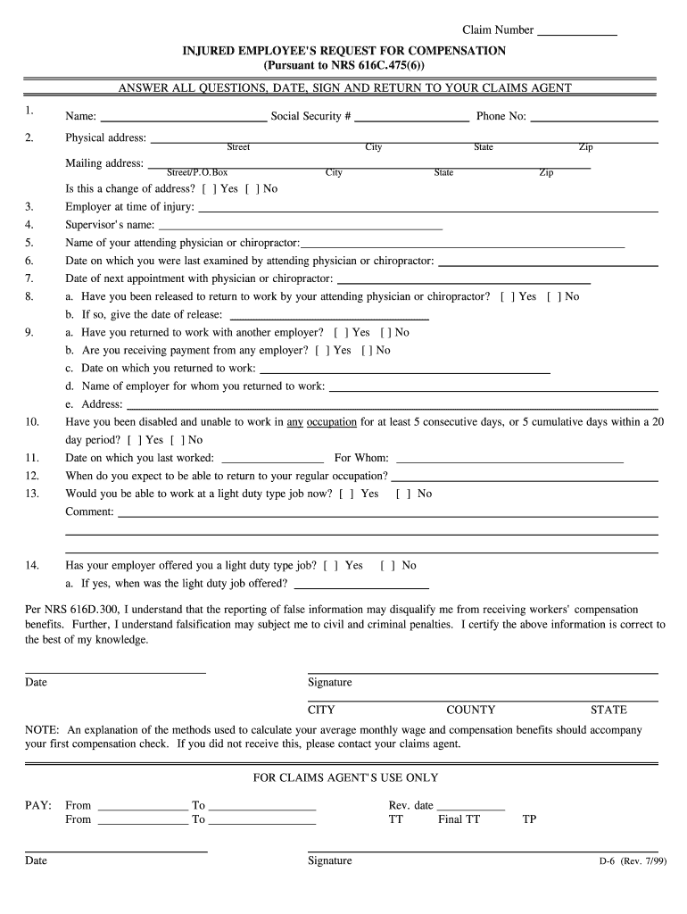 INJURED EMPLOYEE'S REQUEST for COMPENSATION  Form