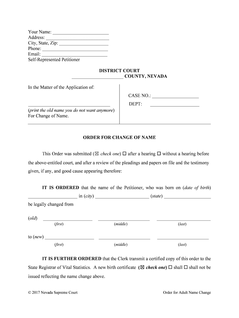 DISTRICT COURT COUNTY, NEVADA ORDER for CHANGE of NAME it  Form