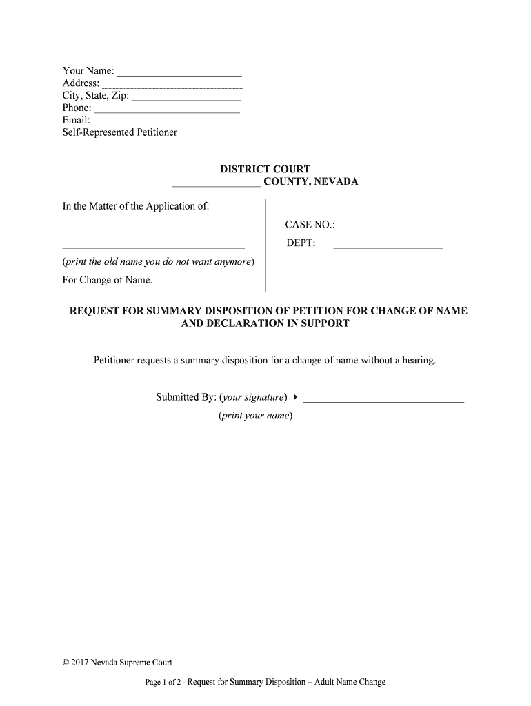 REQUEST for SUMMARY DISPOSITION of PETITION for CHANGE of NAME  Form