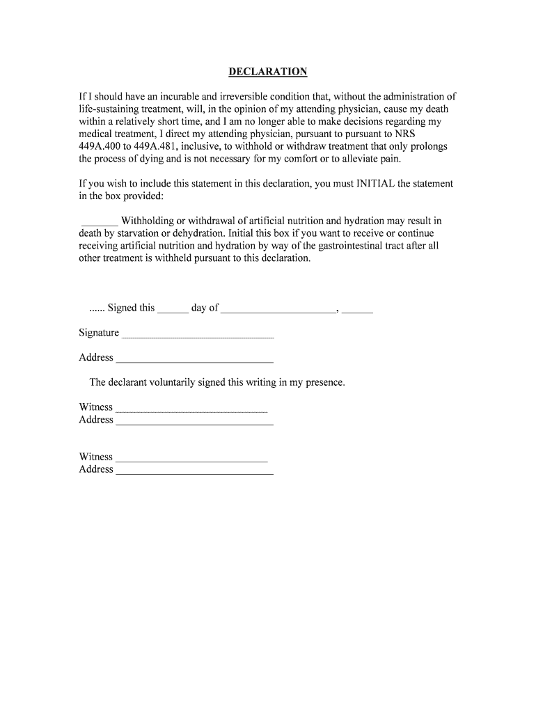 NRS 449 610 Form of Declaration Directing Physician to