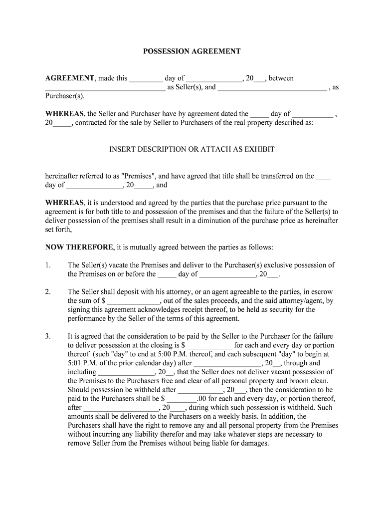 Form of Post Closing Possession Agreement Edit, Fill