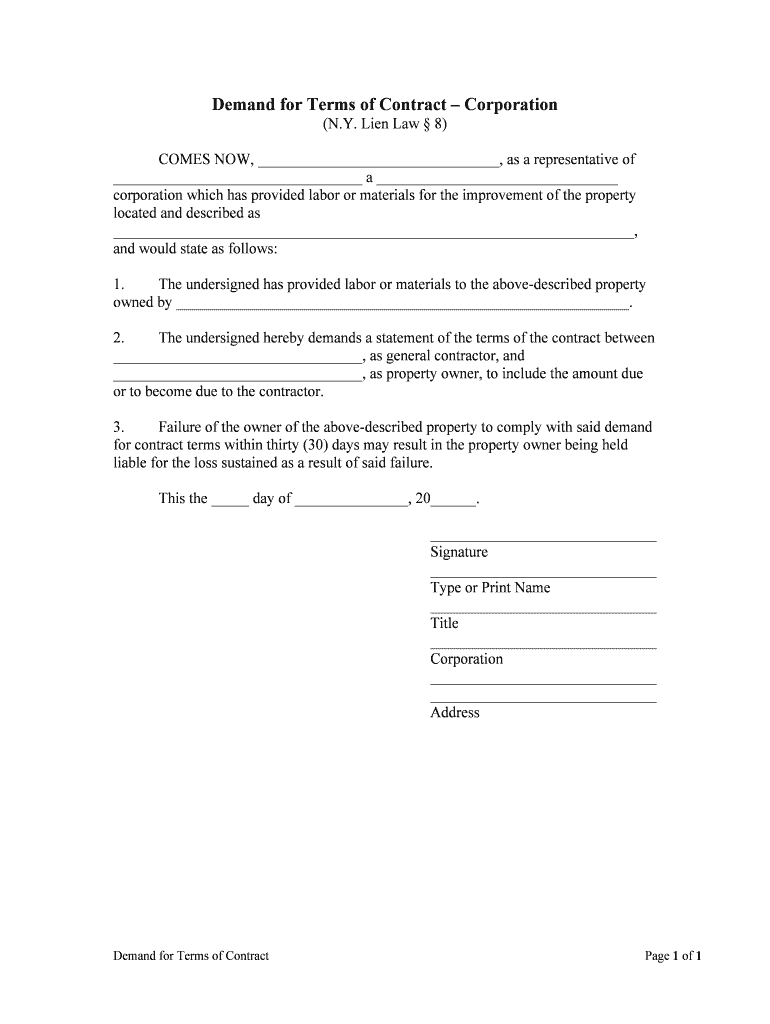 Demand for Terms of ContractCorporation  Form