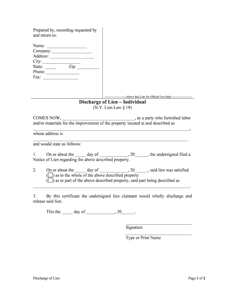 Discharge of Lien Individual  Form