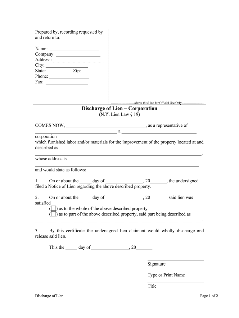 Discharge of Lien Corporation  Form