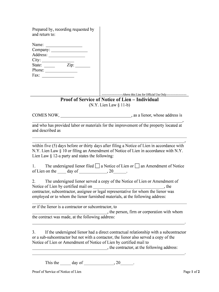 Proof of Service of Notice of LienIndividual  Form