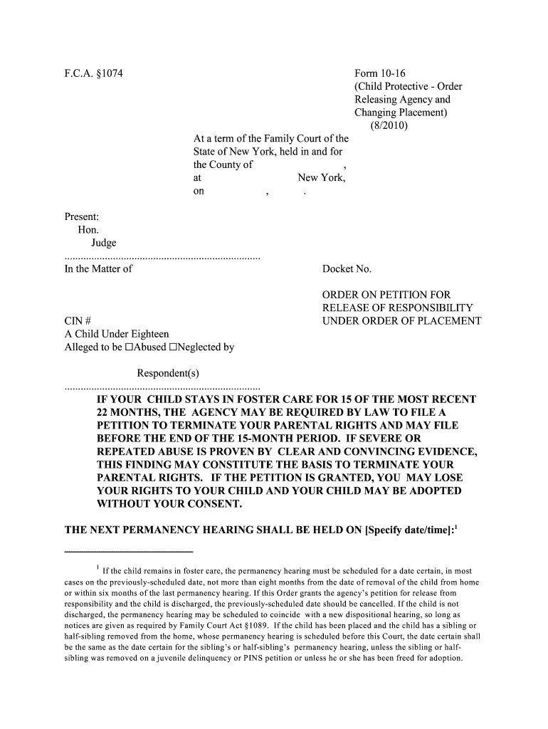 Order Releasing Agency and Changing Placement 10 16  Form