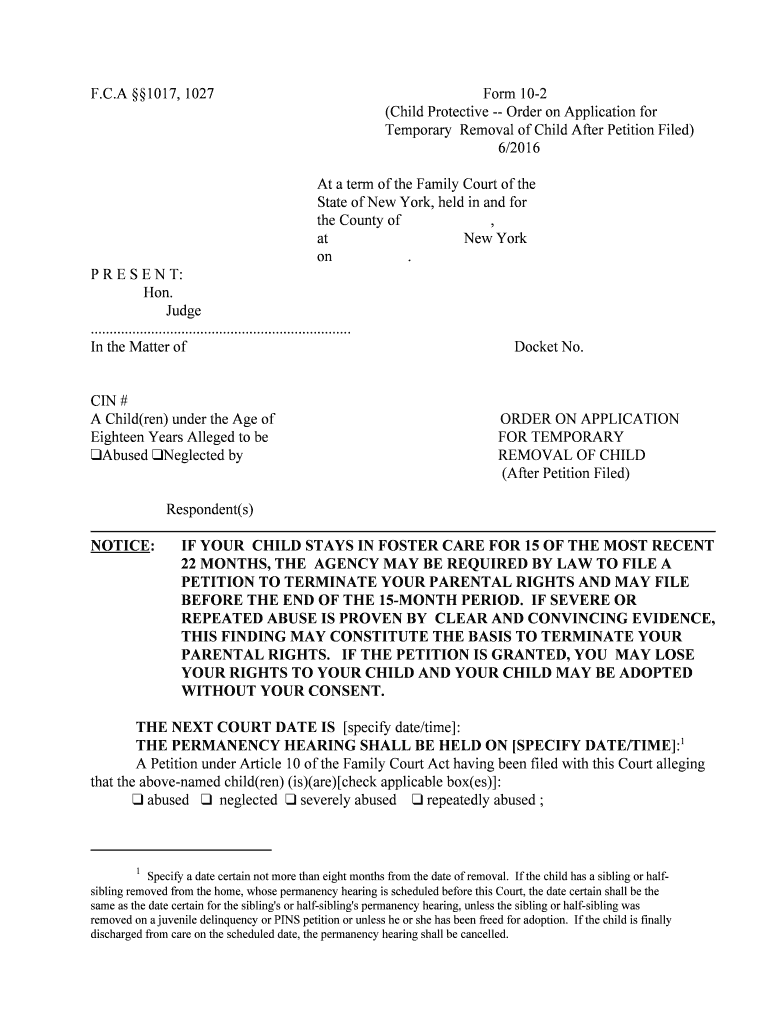 Order on Application for Temporary Removal of Child After  Form