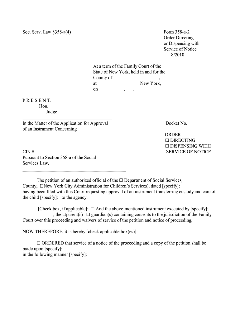 Soc Serv Law 358 A4 Form 358 a 2 Order Directing or