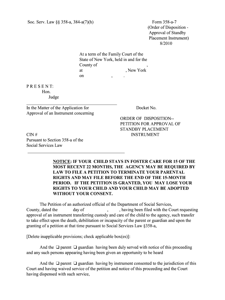 Soc Serv Law358 A, 384 A7h Form 358 a 7 Order of