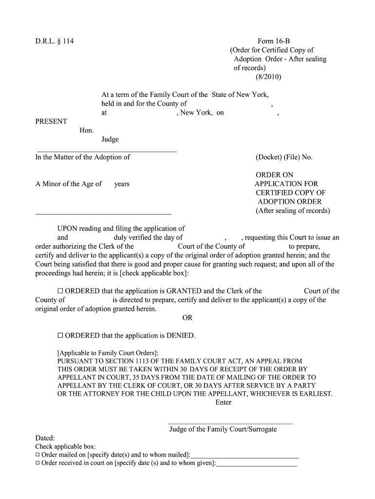 D R L 114 Form 16 B Adoption Order After Sealing Hon