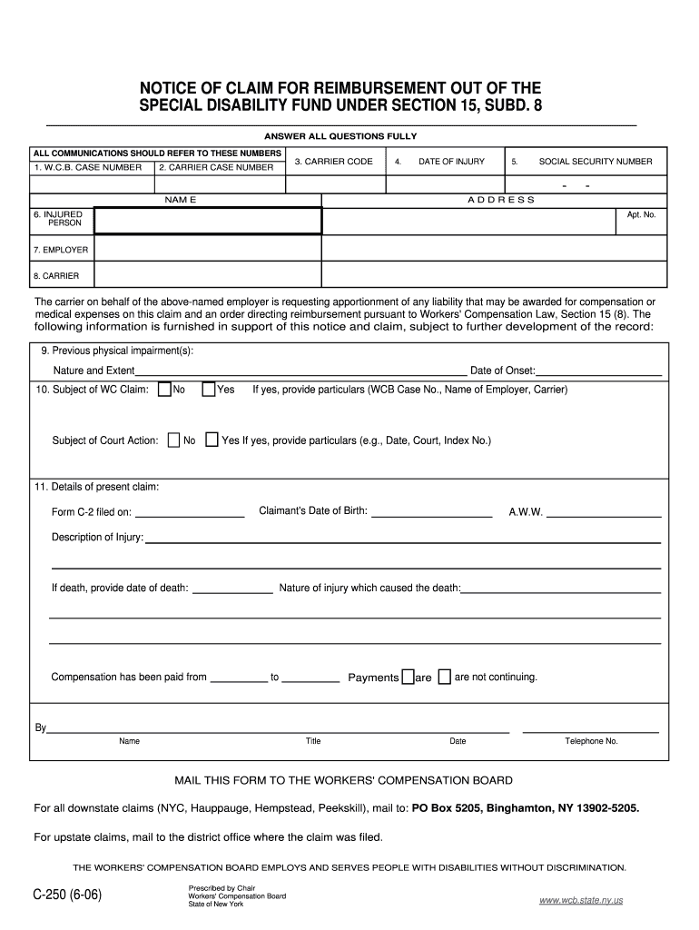 Notice of Claim for Reimbursement Out of Special Disability  Form