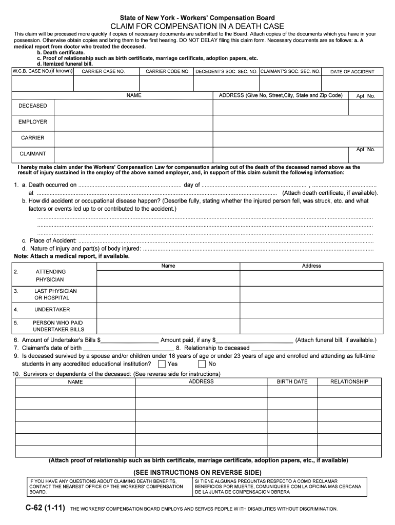 Claim for Compensation in a Death Case C 62 8 09 NYCOSH  Form