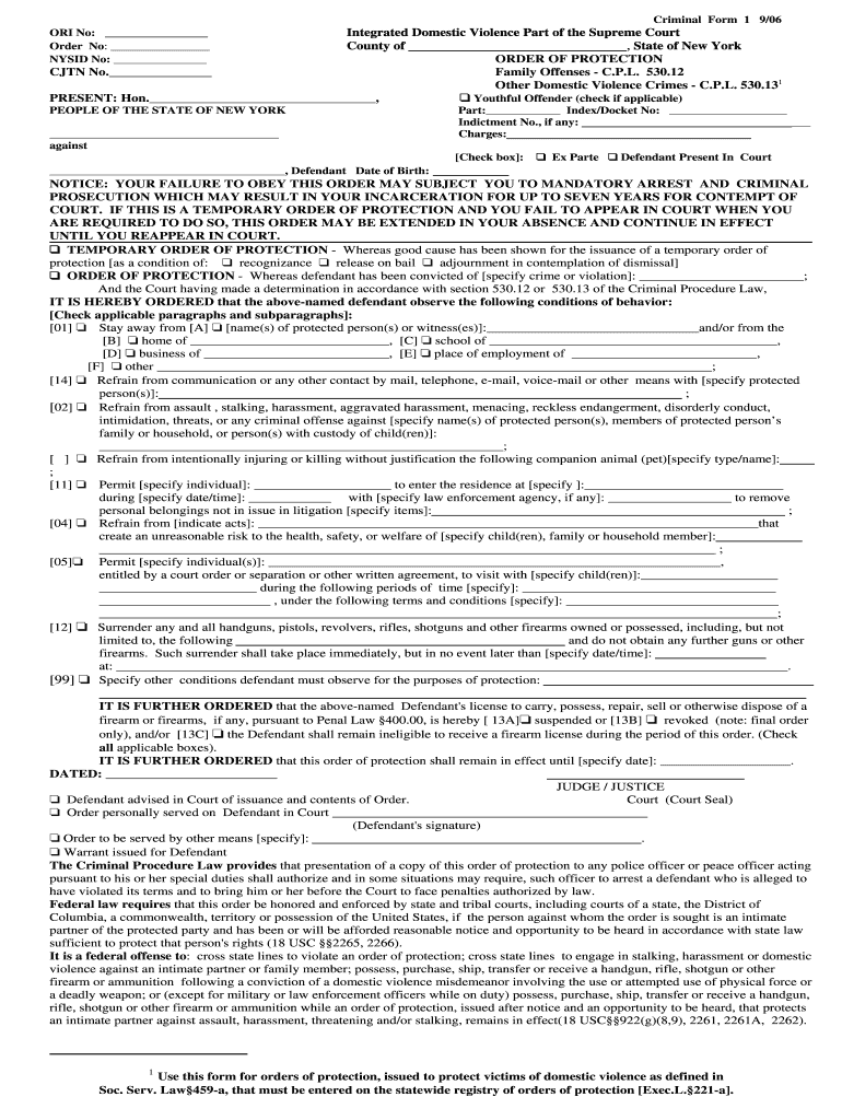 Fillable Online Nycourts Criminal Form 1 906 ORI No