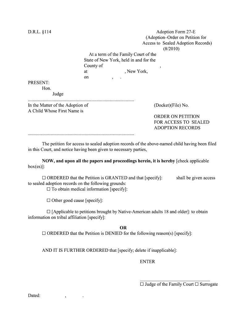 Fillable Online Courts State Ny D R L 114 Adoption Form 27 E