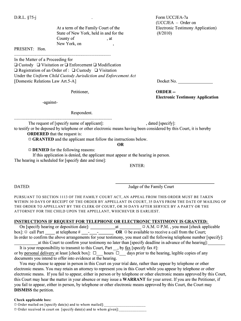 DRL 75 J Form UCCJEA 7a New York State Unified Court