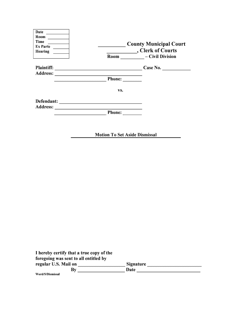 Motion to Set Aside Dismissal  Form