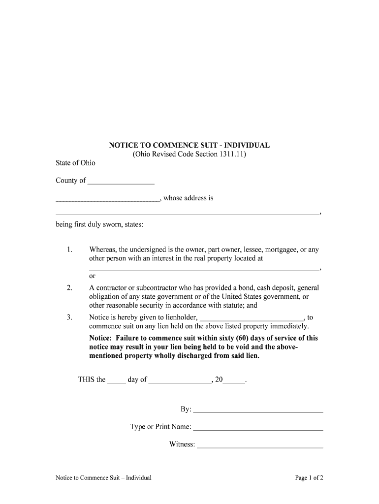 Get the NOTICE to COMMENCE SUIT INDIVIDUAL Ohio Revised Code  Form