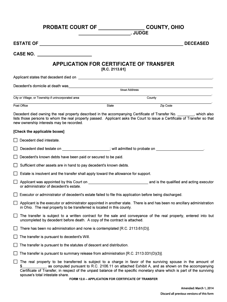Lawriter ORC 2113 61 Application for Certificate of Transfer  Form