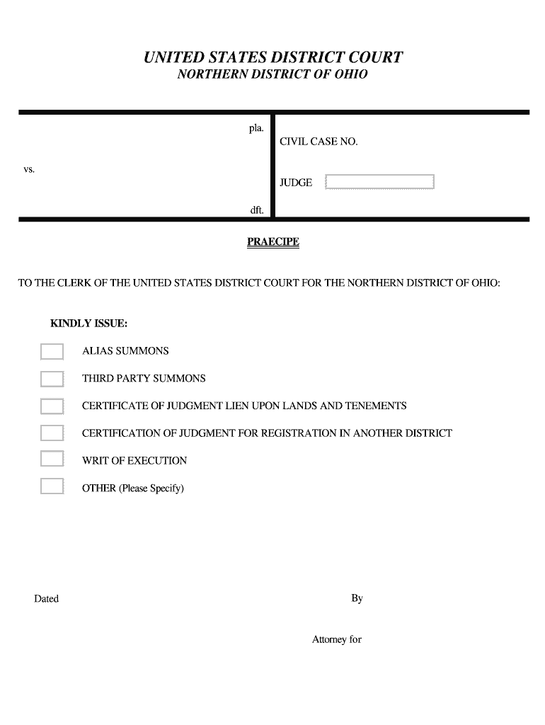 To the CLERK of the UNITED STATES DISTRICT COURT for the NORTHERN DISTRICT of OHIO  Form