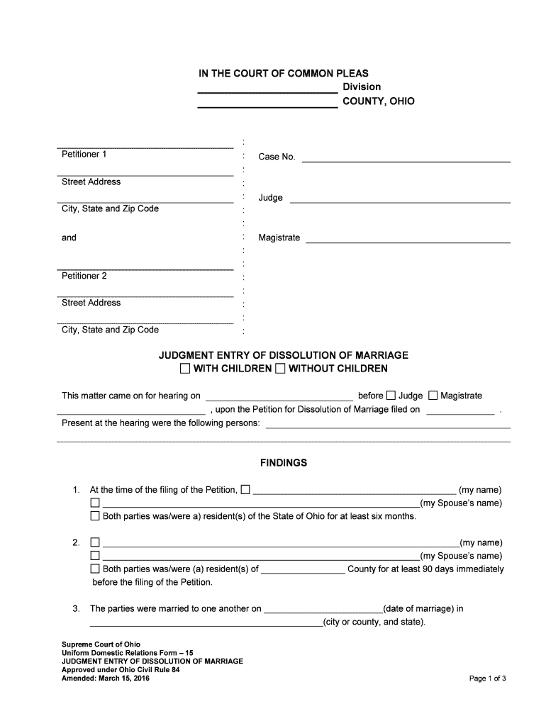 Judgment Entry of Dissolution of Marriage, No Kids Greene  Form