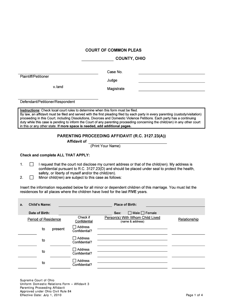 In the COURT of COMMON PLEAS of COUNTY, OHIO Plaintiff  Form