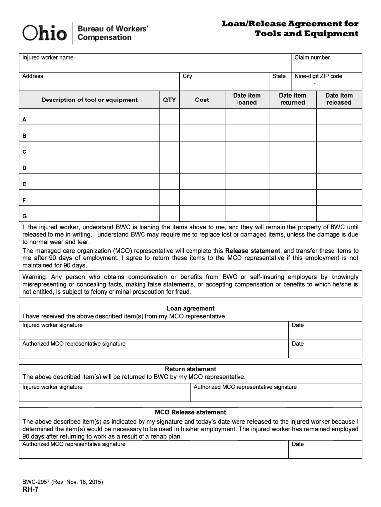 Form Bwc 2957 Form Rh 7 &amp;quot;LoanRelease Agreement for