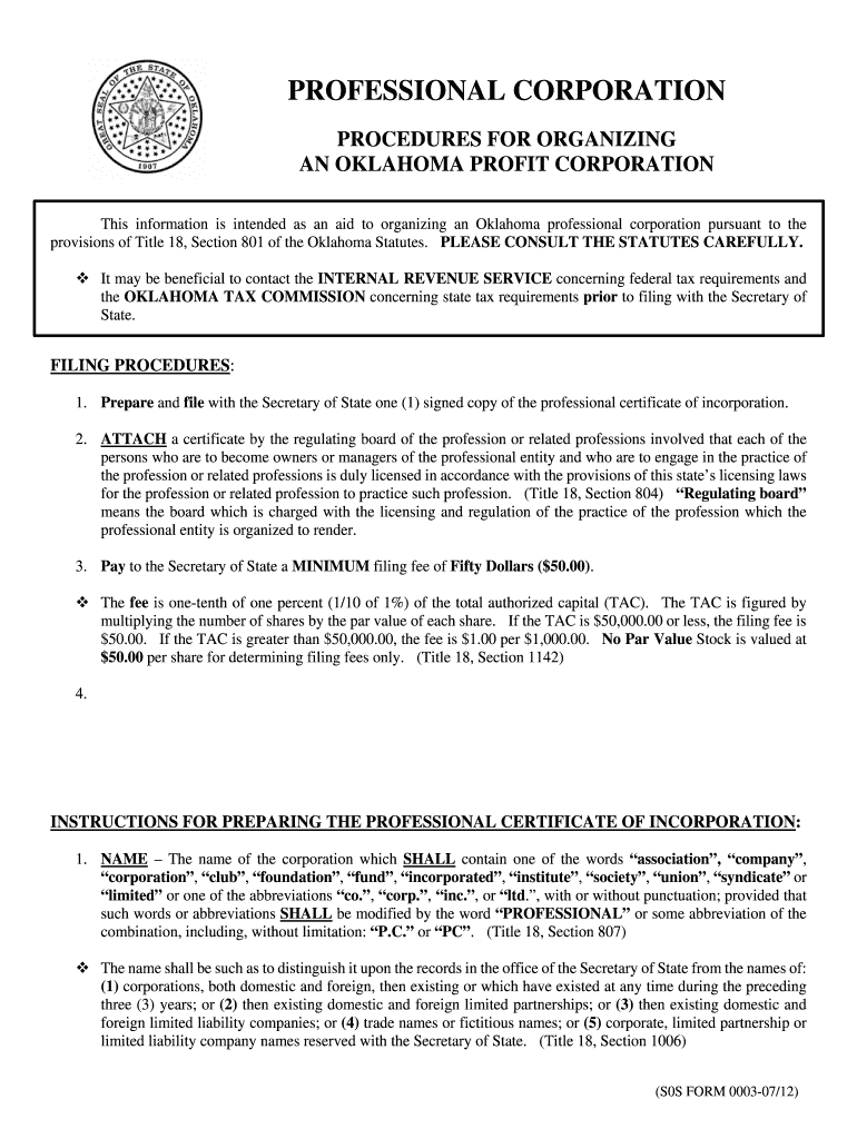 Procedures for Organizing an Oklahoma Profit Corporation  Form