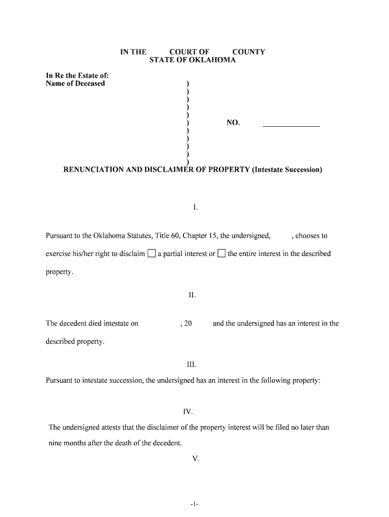 RENUNCIATION and DISCLAIMER of PROPERTY Intestate Succession  Form