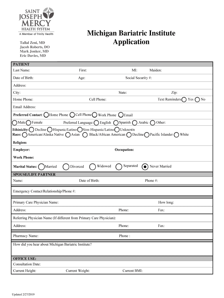 Michigan Bariatric Institute Getting from Application to Surgery 11 6 19 Bariatric Surgery  Form