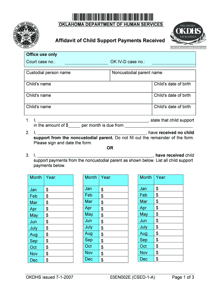 Affidavit of Child Support Payments Received  Form