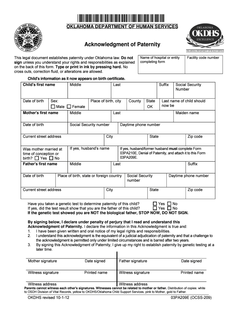Form 03PA001E OCSS 209 Acknowledgment of Paternity