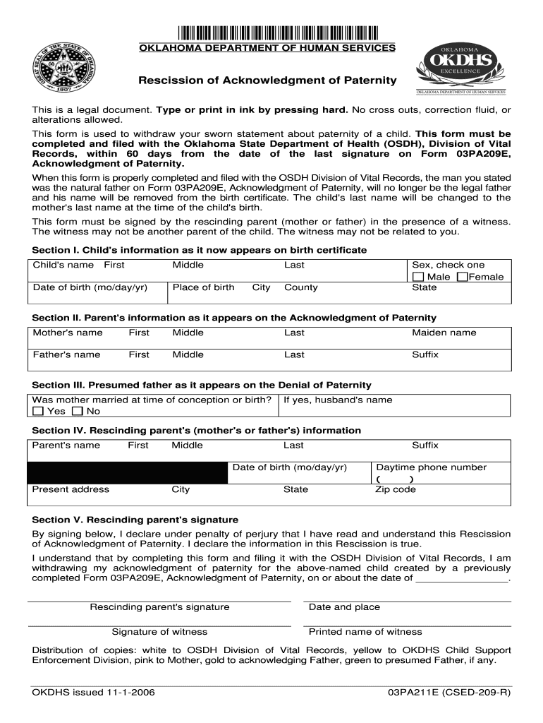 03PA211E CSED 209 R Rescission of Affidavit Acknowledging Paternity is Used to Withdraw Sworn Statement of Paternity  Form