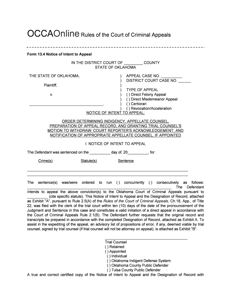 Form 13 4 Notice of Intent to Appeal
